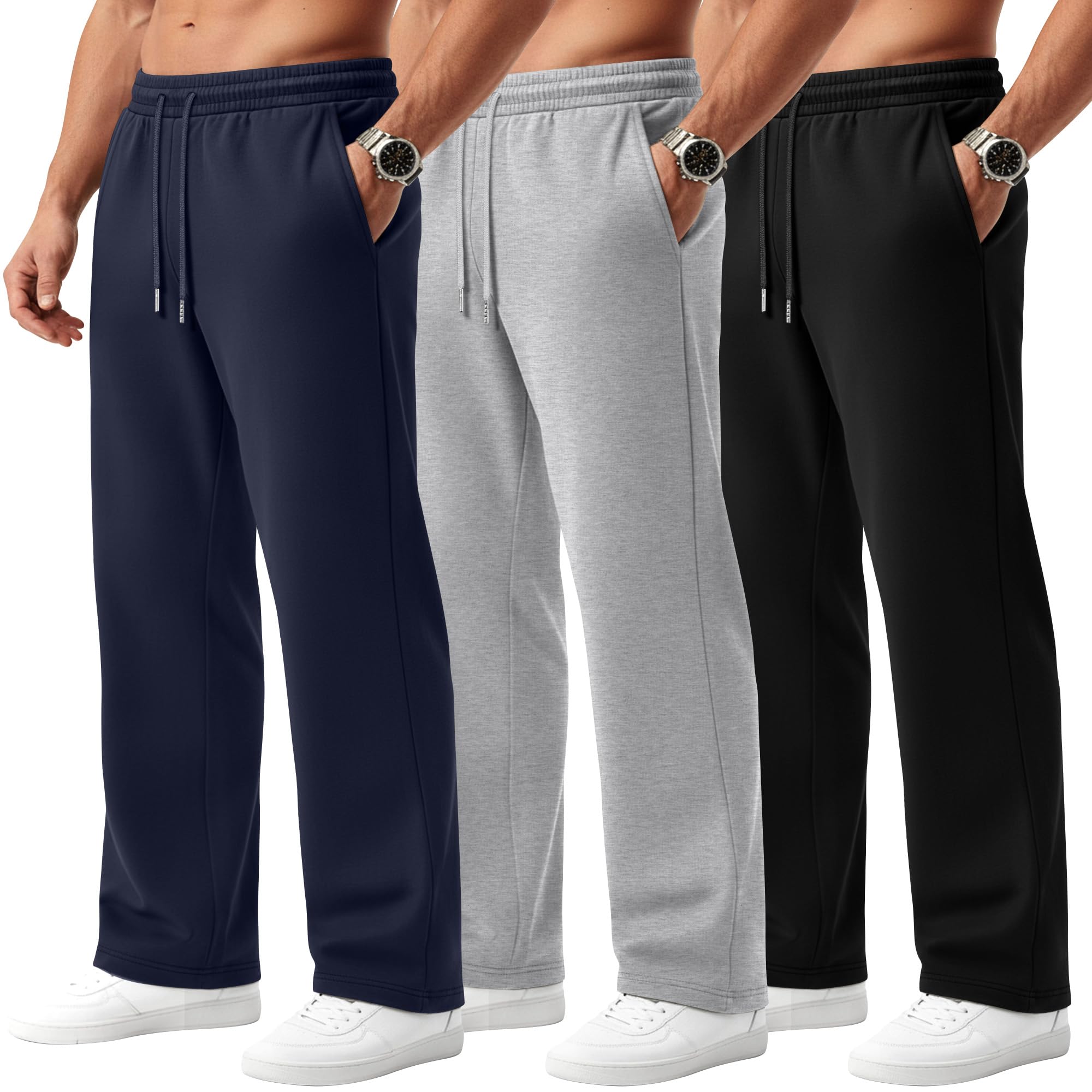 Photo 1 of Evervibe 3 Pack Men's Big and Tall Sweatpants Athletic Workout Lounge Pants Plus Size Drawstring Joggers with 3 Pockets(Black, Light Gray, Gray Blue,Large)