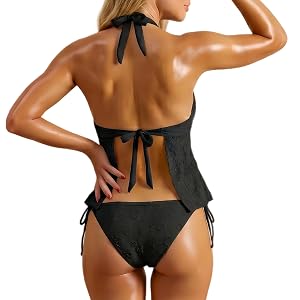 2 Pieces Women Tankini Swimsuit Halter V Neck Textured Bathing Suit Set | flowy waist overlay, adjustable neck ties, padded w