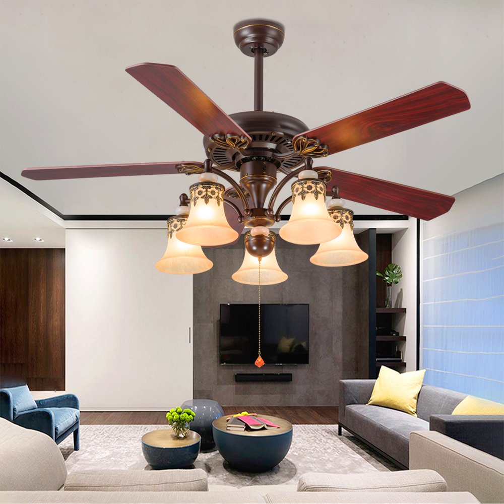 Tropicalfan Vintage Ceiling Fan WIth 5 Light Cover Decorative Home Living Room Dinner Room Fans Quiet Fans Chandelier 5 Wood Reversible Blade 52 Inch