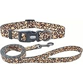 Olahibi Dog Collar Leash Set, Leopard Pattern, Polyester Material, Adjustable Collar and 5ft Matching Leash, for Small Dogs.(S, Brown Leopard)