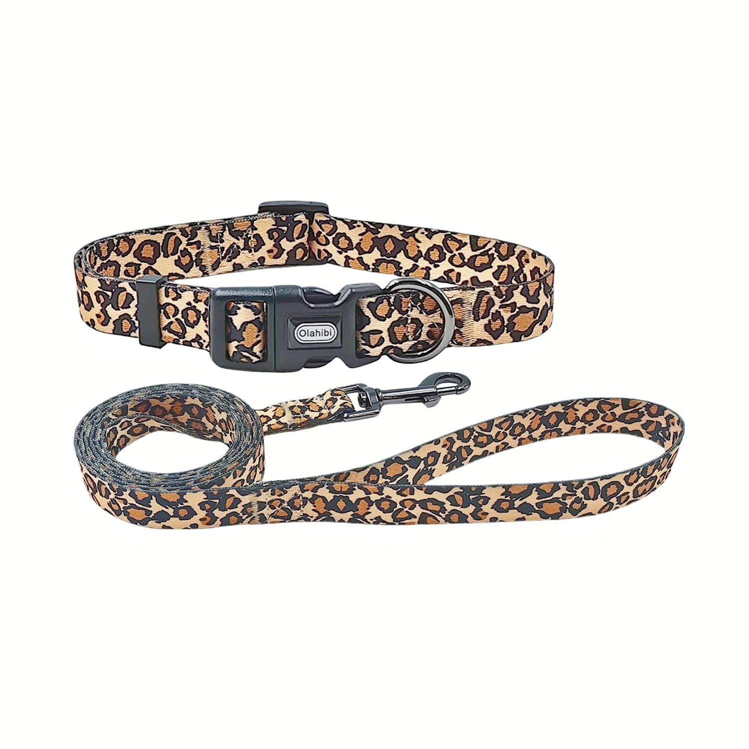 Olahibi Dog Collar and Leash Combo Set, Leopard Pattern, Polyester Material, 150CM Matching Leash, for Medium Dogs.(M, Brown Leopard)