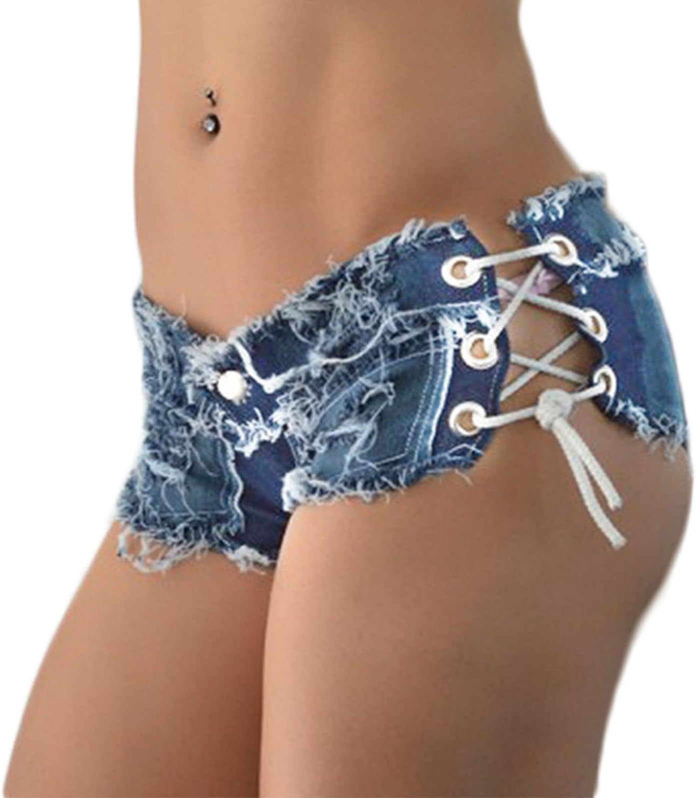 ElonglinWomen's Sexy Ripped Hole Mini Short Distressed Denim Shorts Skinny Hot Pants Low Waist Bandage Jean Shorts Night Club Wear