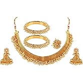 Efulgenz Indian Jewelry Sets for Women Gold Tone Pearl Choker Necklace Indian Bollywood Faux Pearl Beads Bridal Choker Necklace Earrings Bracelet Bangles Ring Jewelry Set