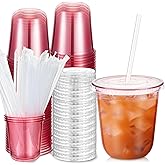 Ziliny 50 Sets Clear Plastic Cups with Lids and Straws, Disposable Iced Coffee Cups Drinking PET for Cold Drinks, Juice, Smoothie, Coffee Shops, Party, Christmas(Pink,12 oz)