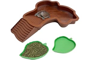 PINVNBY 3 PCS Tortoise Water Dish Plastic Reptile Bathing Pool with Removable Ramp and Leaf Reptile Food Dish & Water Bowl Tortoise Habitat Accessories for Turtle Lizard Gecko Snake (Red)