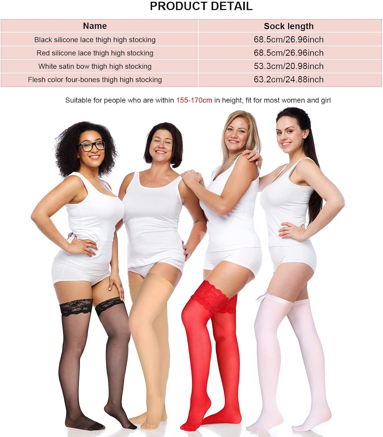Silk Thigh High Stocking for Women Lace Silicone Socks Satin Bow Top Stocking (Red, Black, Skin Color, White): Clothing