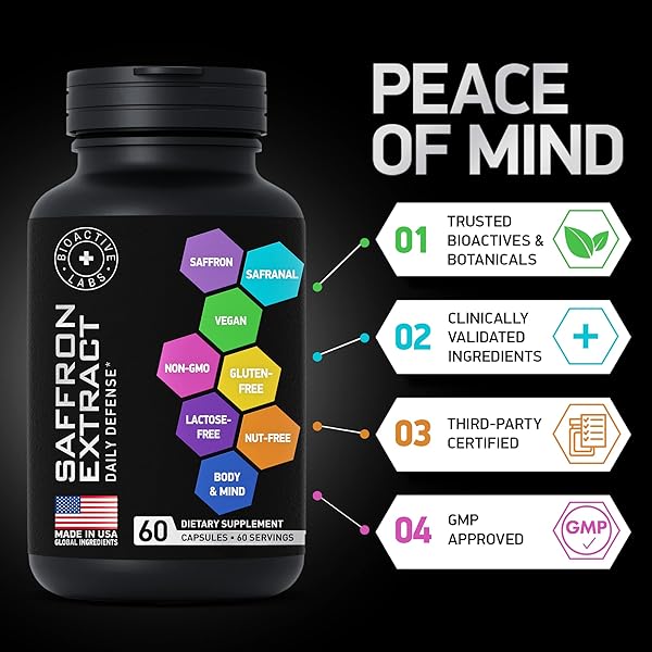 BIOACTIVE LABS OPTIMIZED SAFFRON SUPPLEMENTS – 88.5MG PURE SAFFRON EXTRACT FOR MOOD SUPPORT, FOCUS, ENERGY – PLUS CROCIN, CROCETIN, KAEMPFEROL – GLUTEN-FREE, NON-GMO – 1-A-DAY 60 CAPSULES