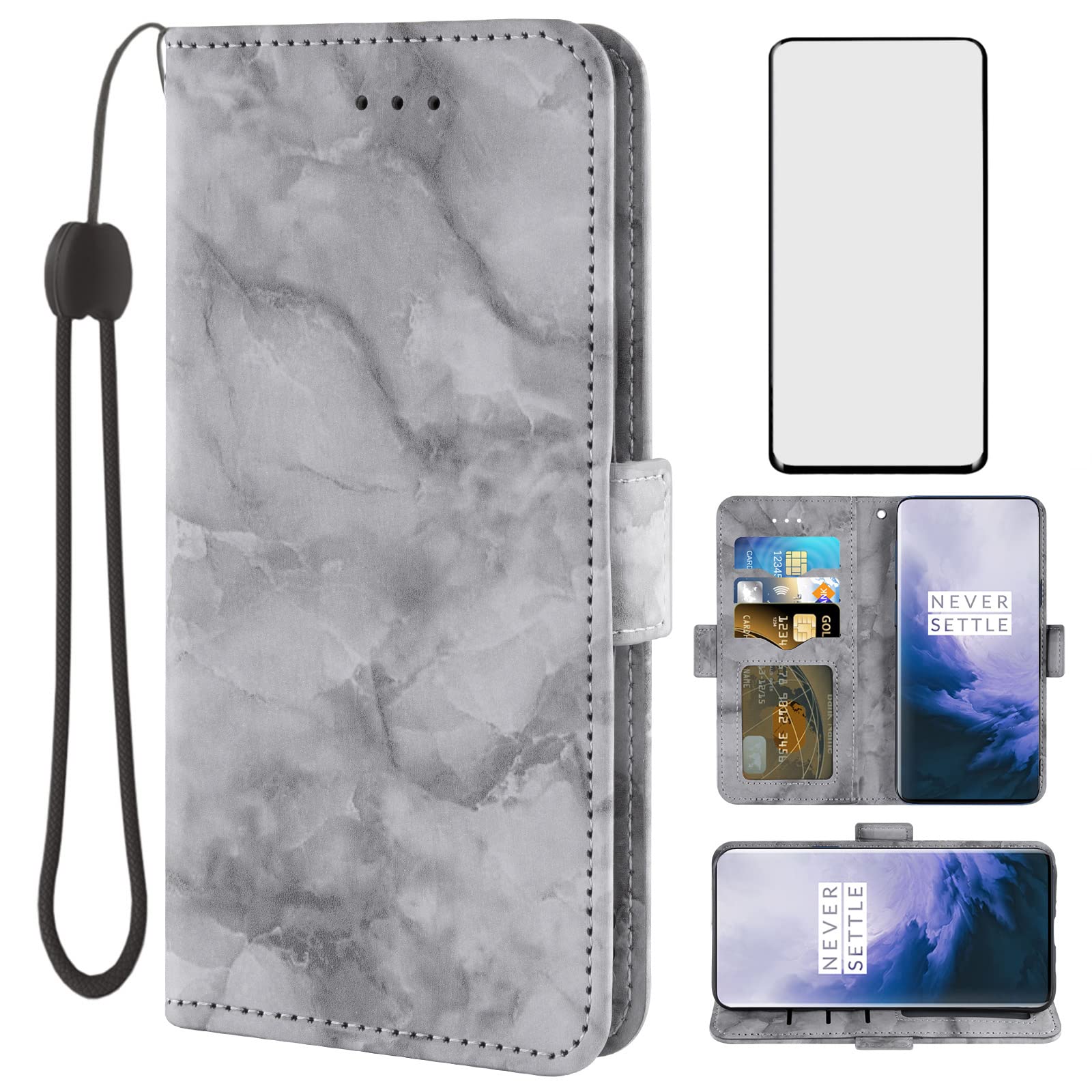 Asuwish Phone Case for OnePlus 7 Pro with Screen Protector and Marble Wallet Cover Flip Card Holder Slot Stand Cell OnePlus7Pro 5G One Plus 1+7 1Plus OnePlus7 7Pro One+ 1 + Seven Women Men Black