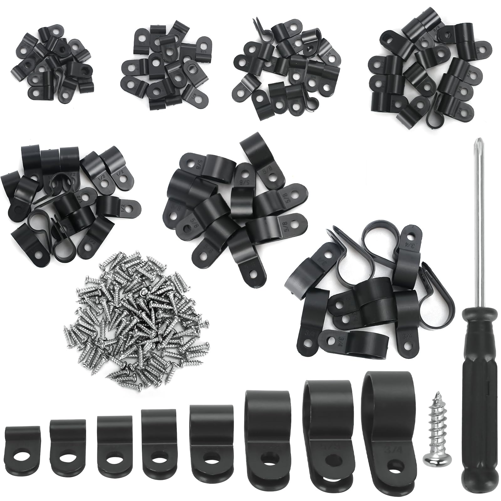 221pcs R Type Cable Clips, 8 Sizes P Clips, Nylon Cable Cleats, Black Wire Clamp, Outdoor with 100 Stainless Steel Screws & Screwdriver, for Electrical Cable Wire Conduit Cable Management
