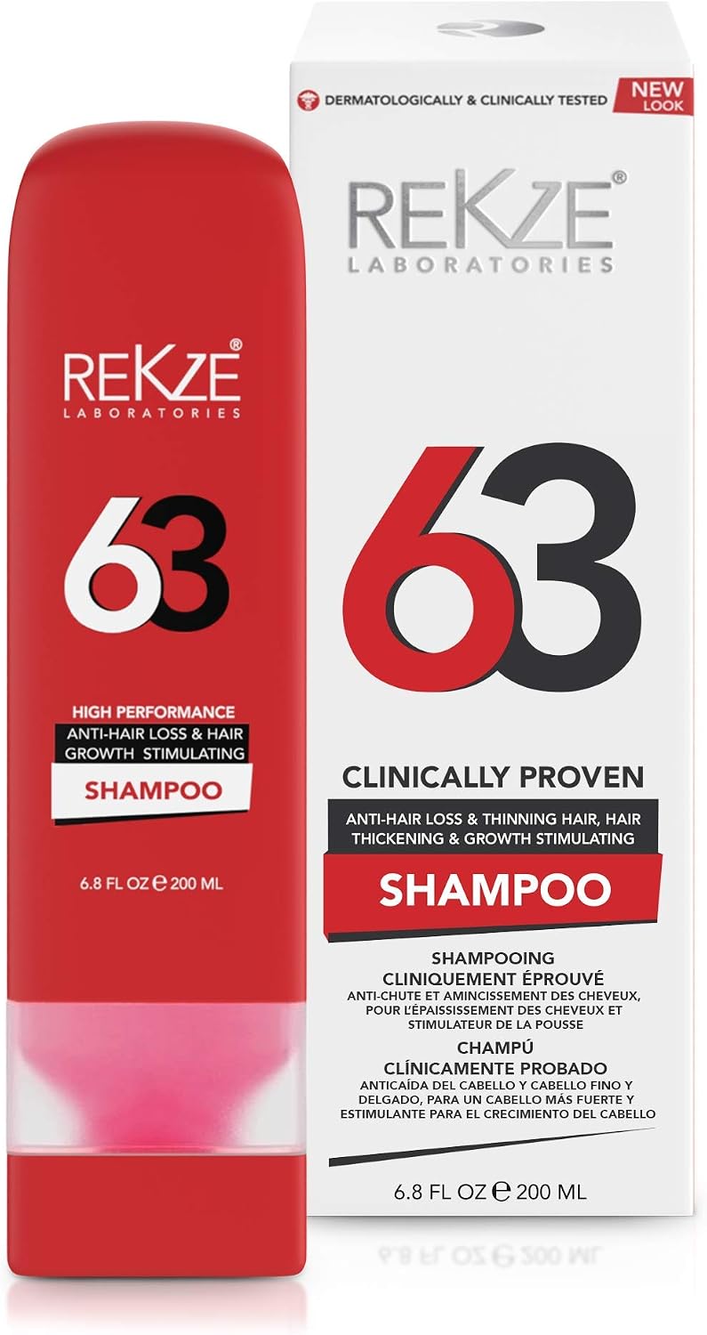 REKZE 63 Hair Growth Shampoo, Clinically Proven w/Caffeine, Biotin, Saw Palmetto, Thickening Therapy For Men & Women