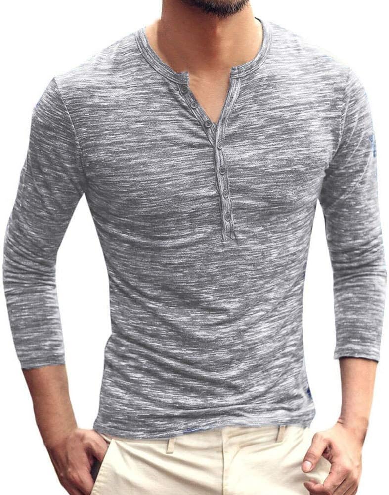 MODOQO Men's Cotton Solid Long Sleeve Henley Shirt Button Down Slim Fit T-Shirt