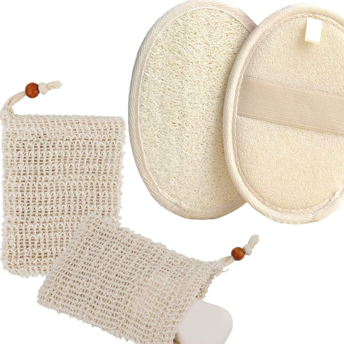 2 Pcs Natural Loofah Sponge and 2 Pcs Sisal Soap Bag for Bath Shower Foaming Loofa Sponge Scrubber Brush Close Skin