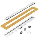 36 inch Linear Shower Drain with Square Hole Pattern Grate Cover | Brushed 304 Stainless Steel Bonding Flange Linear Drain, Low Profile Linear Shower Drain with Hair Strainer