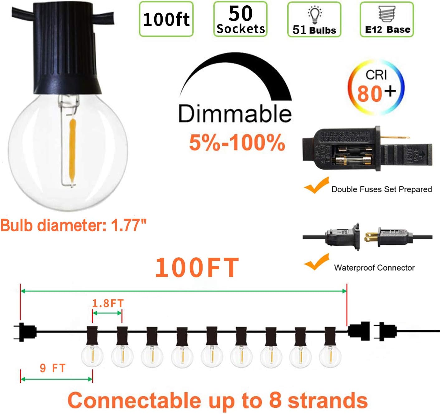Svater Outdoor String Lights, 100ft with 50 Dimmable Waterproof G40 LED Globe Bulbs - Clear Glass 1W 2700K Warm Glow for Indoor/Outdoor Hanging Lighting - - 