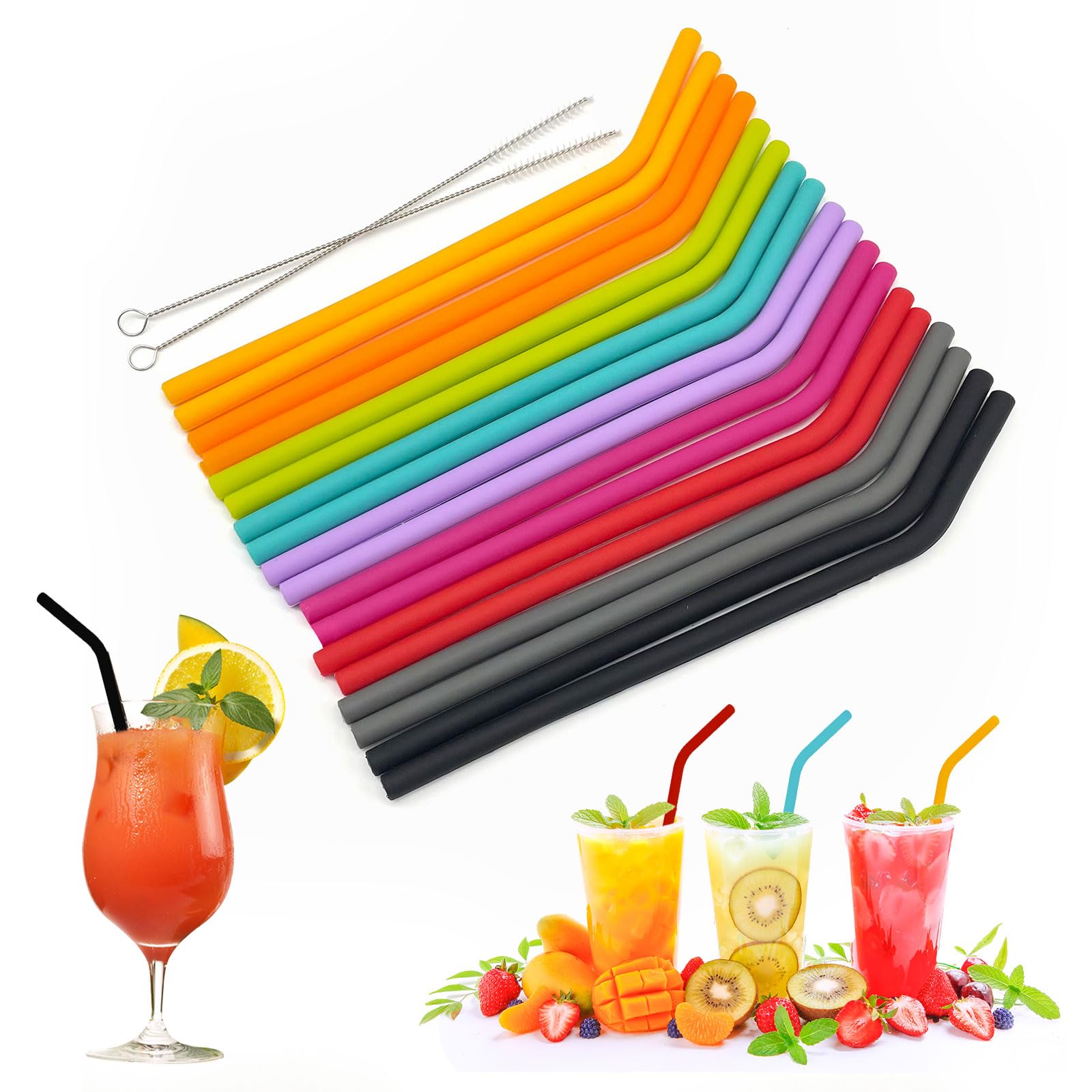 TSHAOUN 18 Pieces Silicone Straws Reusable, Colorful Bend Drinking Straws, Regular Size Replacement Smoothie Straws for Adults Kids, Soft Flexible Rubber Straw with 2 Cleaning Brushes (Multicolor)