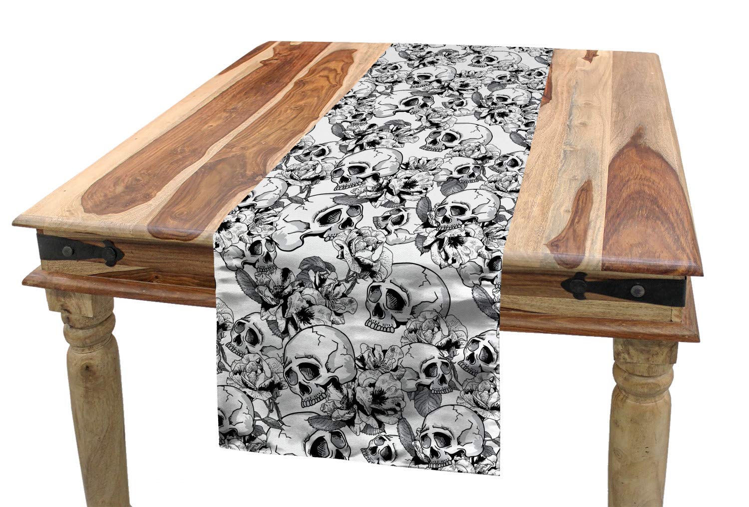 ABAKUHAUS Day of the Dead Table Runner, Celebration Mexican Spanish Sketch Dead Skulls Artwork Print, Dining Room Kitchen Rectangular Runner, 40 cm x 300 cm, black-and-white