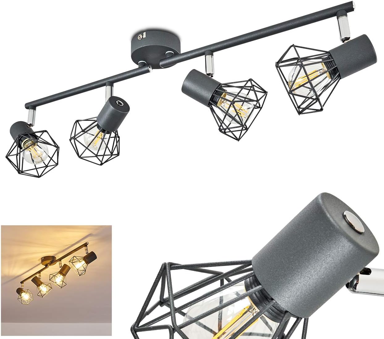 Deckenleuchte Gullspang, Deckenlampe aus Metall in Anthrazit, 4-flammig