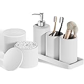 InnJoey 6-Piece White Bathroom Set - Mesh Textured Resin Bathroom Accessories Set with Soap Dispenser, Toothbrush Holder, Cup, Vanity Tray & Apothecary Jars for Small Spaces