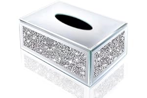 Wocred Big Rectangular Mirrored Tissue Box Cover,Crystal Crushed Diamond Tissue Box,Silver Luxury Tissue Holders for Either Tissues in a Bathroom or Napkins on a Table.(10.6”x5.9”x4.8”)