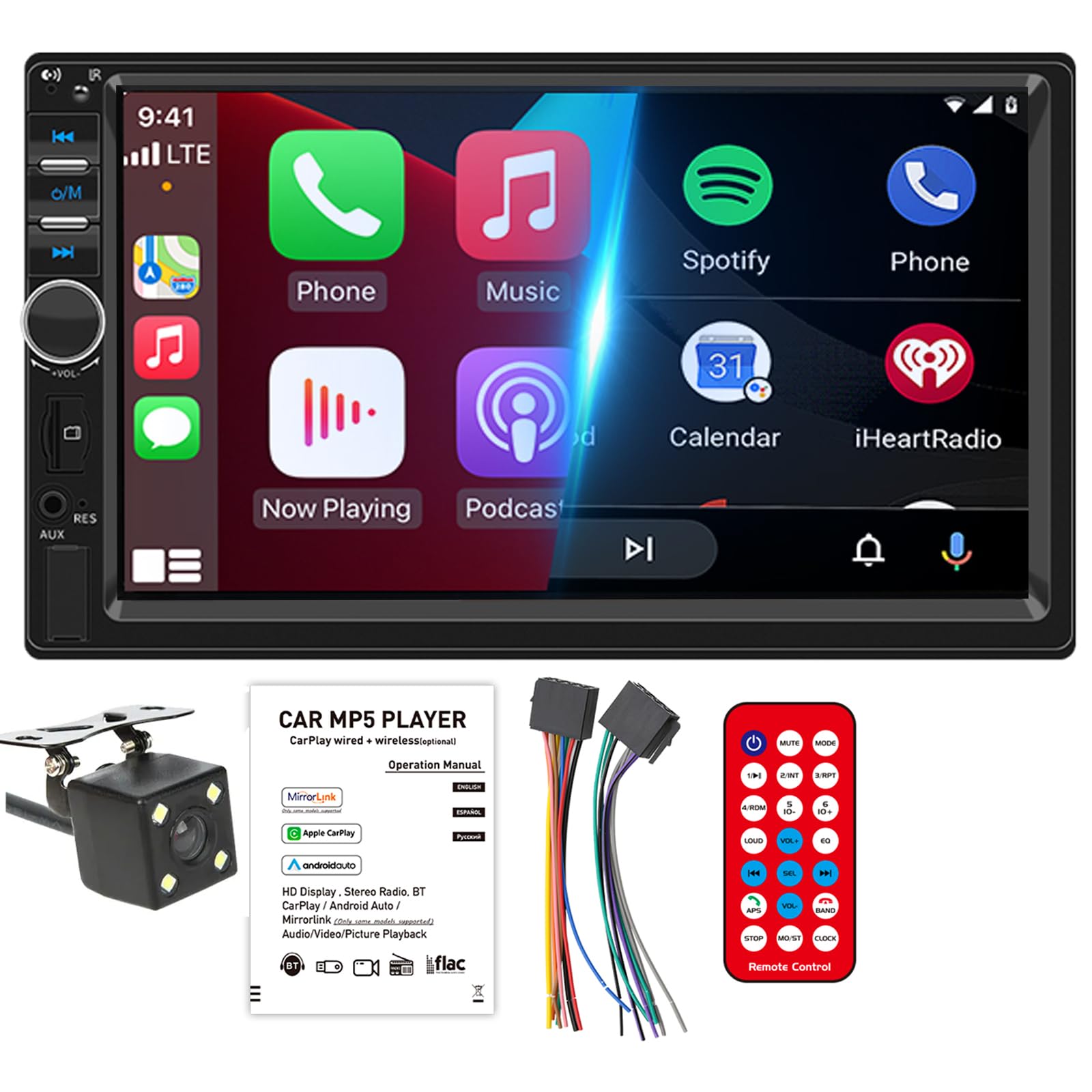 2 Din Bluetooth Car Radio Carplay Anroid Auto 7 Inch HD Touch Screen Support Android/IOS Mirror Link, Bluetooth Hands Free Calls, FM Radio with Remote Control And Rear View Camera