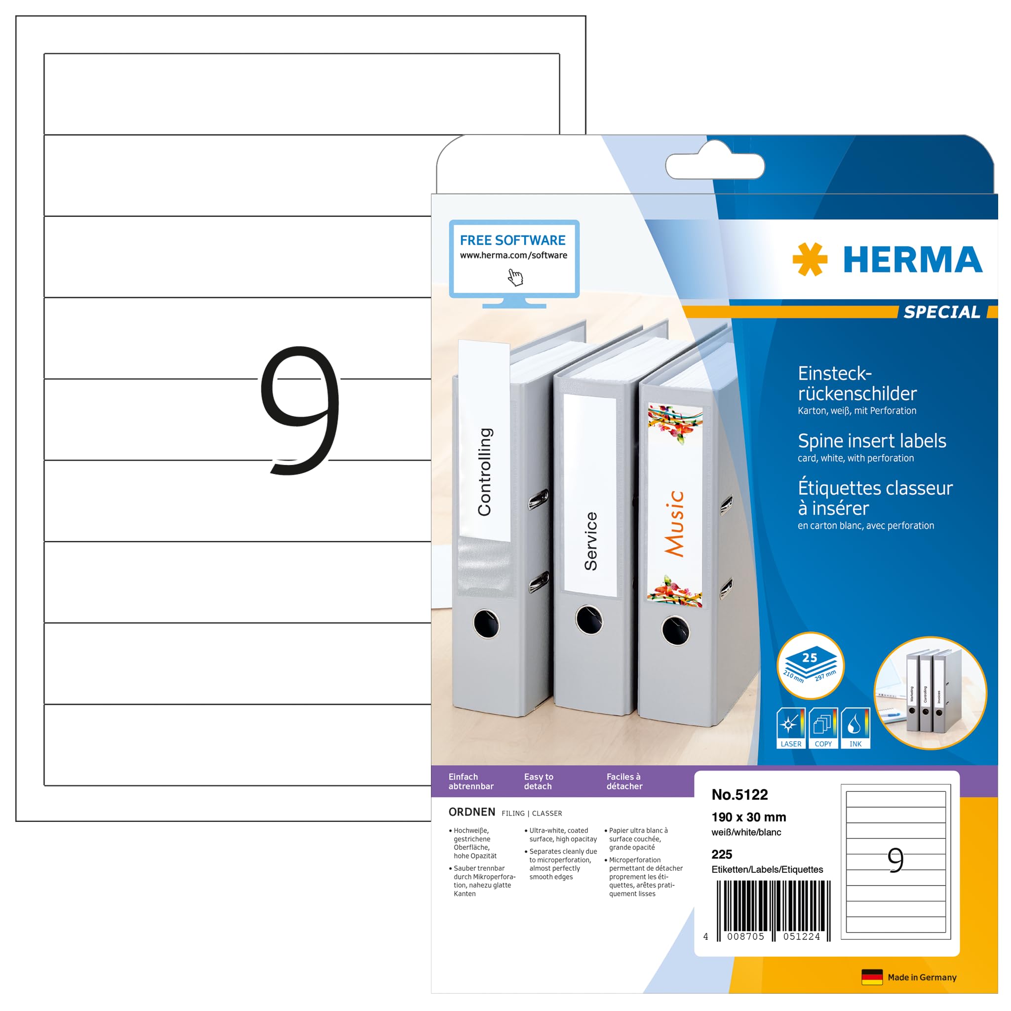 HERMA Spine Inserts with Micro-Perforation, 9 Labels per A4 Sheet, 25 Sheets, 190 x 30 mm, 225 Labels, Blank Lever Arch File Folder Insert Labels, Card Inserts for Laser & Inkjet Printer, White