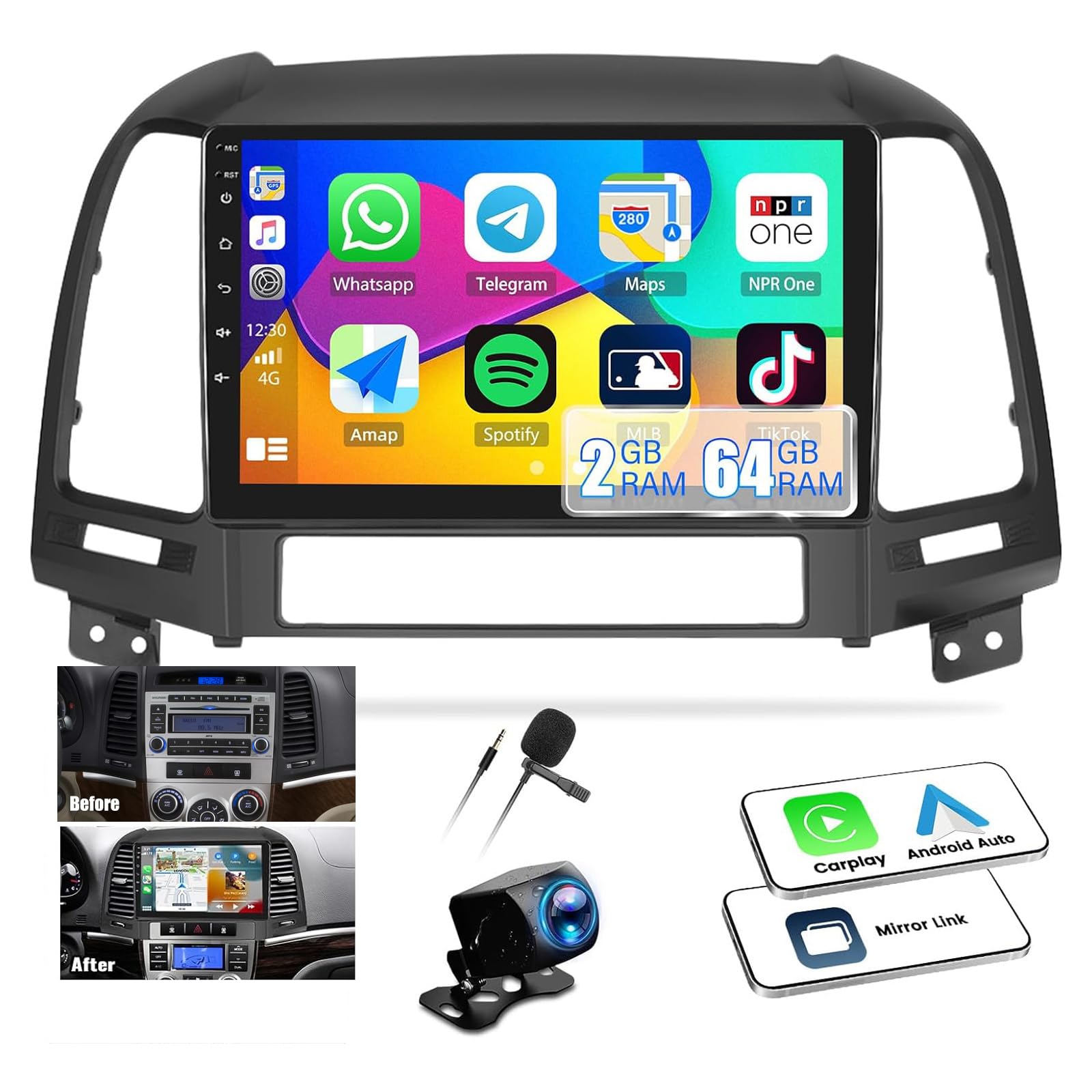 Photo 1 of ?2G+64G? Android 13 Car Stereo for Hyundai Santa Fe Radio 2006-2012 Wireless CarPlay Android Auto GPS Navigation 9” HD Touchscreen Bluetooth SWC FM/WiFi/Mirror Link+Backup Camera