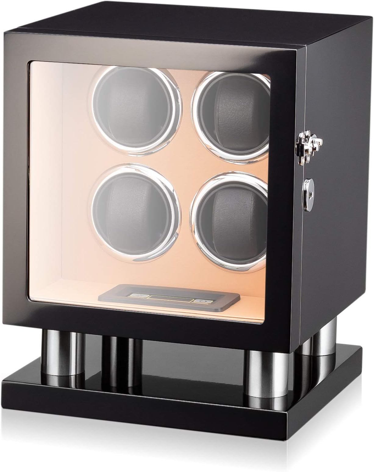 Watch Winder for 4 Watches with LED Backlight, LCD Display and Motor-Stop Option (Black & Brown)