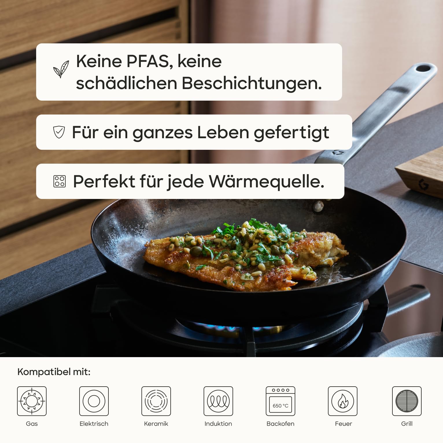Gastrotools Carbonstahl Bratpfanne 28cm, natürliche Antihaft-Oberfläche ohne PFAS, Ofenfest bis 650°C, CoolGrip Griff, geeignet für Induktion, Gas, Keramik & offenes Feuer, Hergestellt in Italien 6