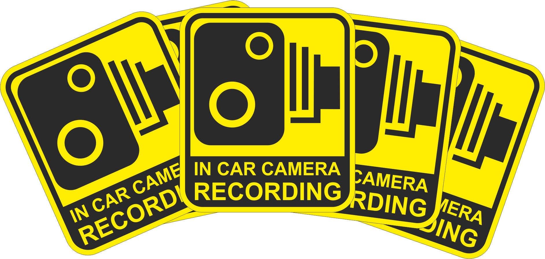 INDIGOS UG - Sticker/Bumper - Yellow - Warnung Safety - Camera Dash Cam Recording Car - 60x51 mm - 5 Pieces - JDM/Die Cut - Security Signs -CCTV, Car, Van, Truck, Taxi,Mini Cab, Bus, Coach
