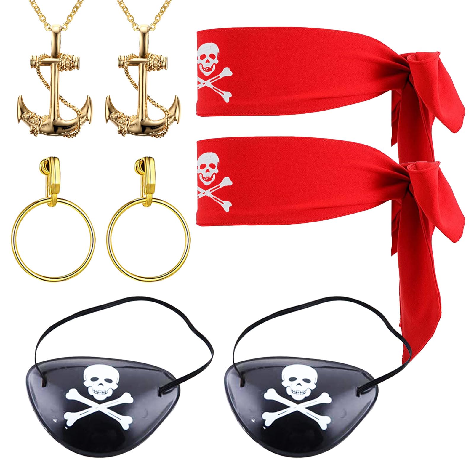SKHAOVS 8 Pcs Pirate Costume Accessories Set - Pirate Eye Patches, Bandanas, Gold Hoop Earrings, Necklace for Caribbean Party, Halloween, Carnival, Masquerade, Cosplay Dress