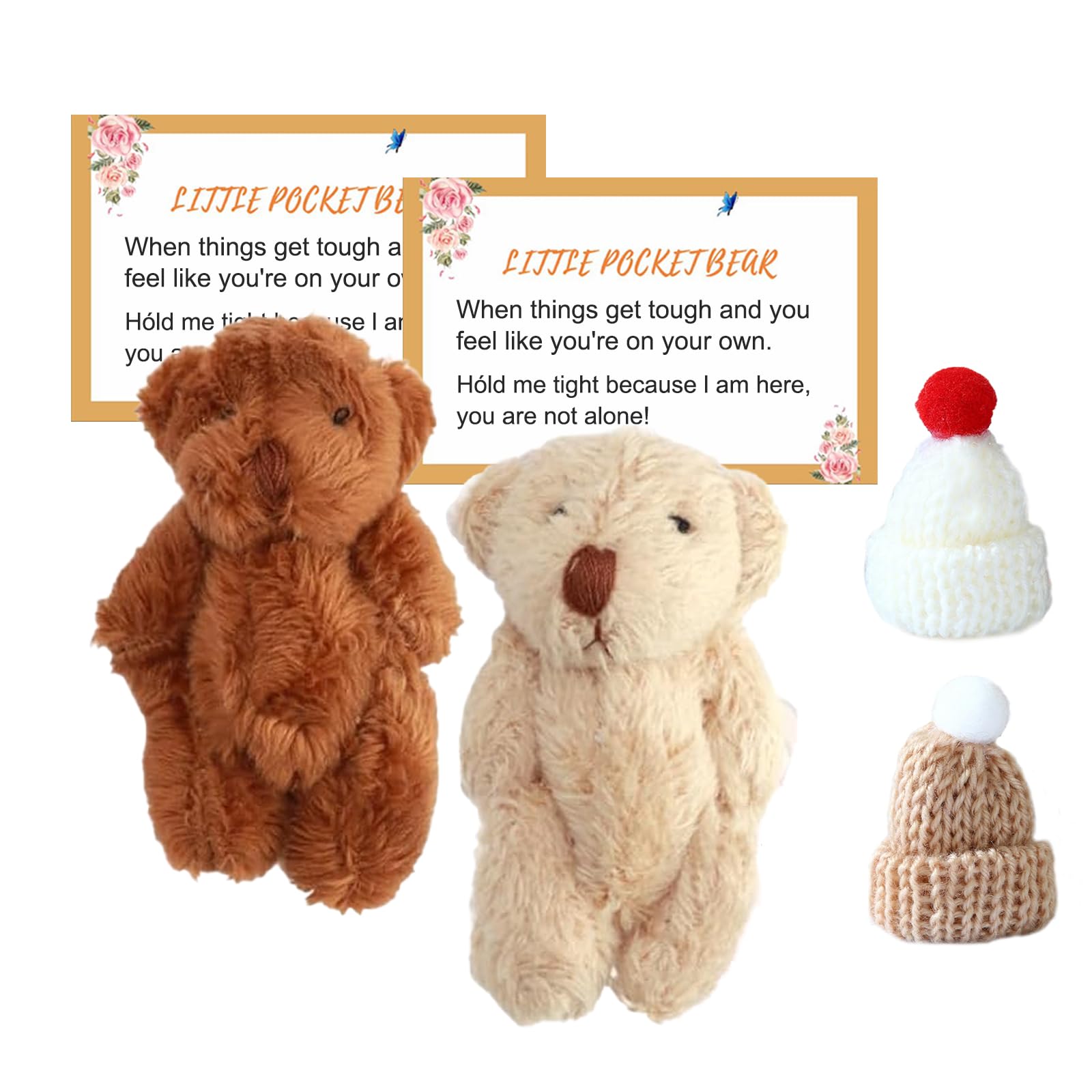 MADGININE 2 PCS Pocket Bear Worry Hug Tiny Teddy With Gift Card and Small Hat - Cute Comfort Sentimental Gift for Kids Friends Family Couples