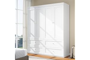 LABROSKIA Bedroom Armoire Wardrobe Closet with 4 Drawers: 74" White Wood Closet for Hanging Clothes, Cabinet for Clothes with 4 Doors, Large Wardrobe Closet with Shelves (White)