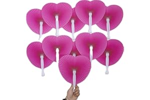 Bestage 12 Pieces Paper Fans,Pink Bulk Folding Foldable Hand Handheld Fans Wedding Decorations Heart Shaped Accordion Fans with Plastic Fan Handles for Wedding Birthday Guest Party Favors DIY