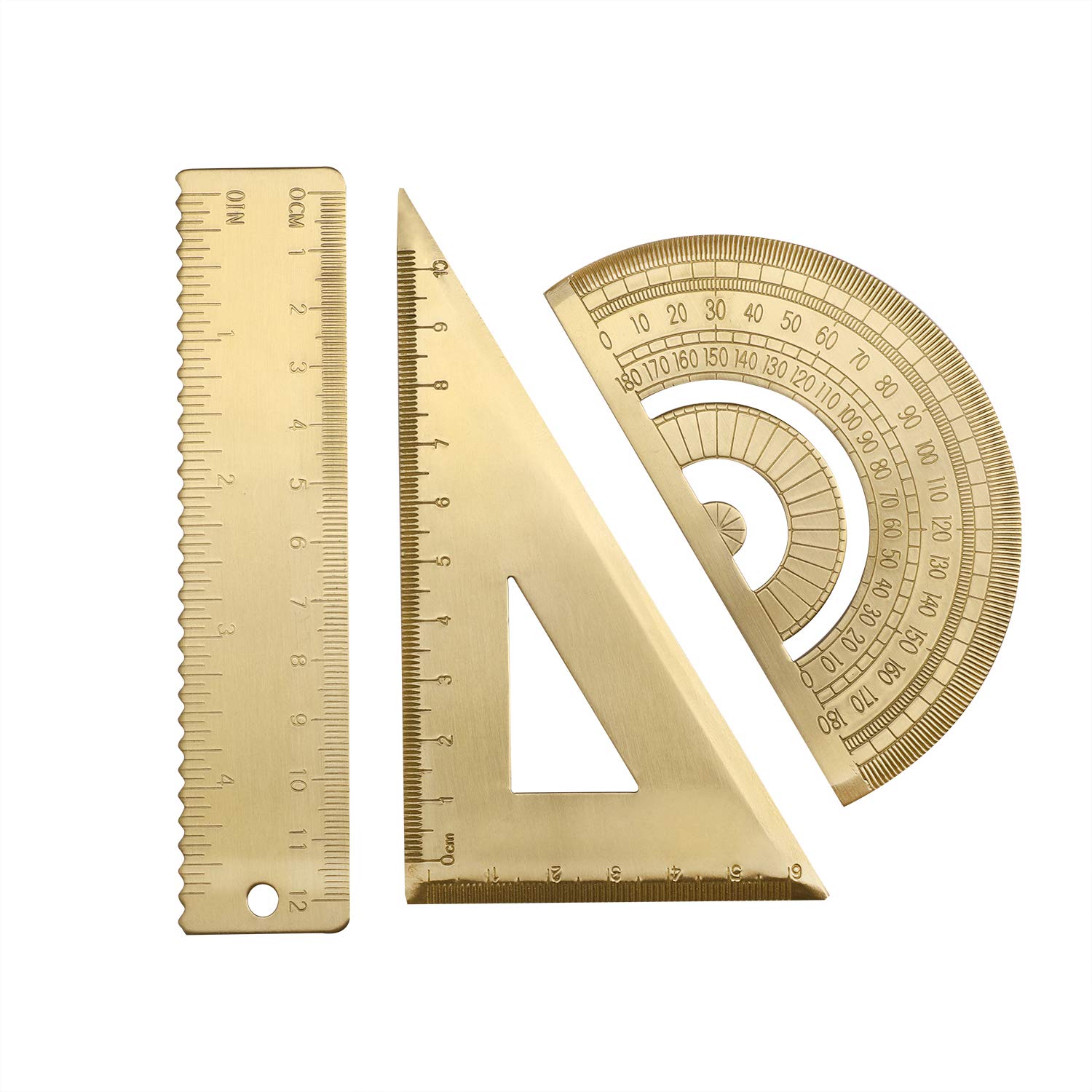 3 Pieces Brass Golden Triangle Ruler Protractor Straight Ruler Durable Retro Math Geometry Set Semicircle Protractor Triangular Ruler Square Drawing Tools for Students Architects Engineers
