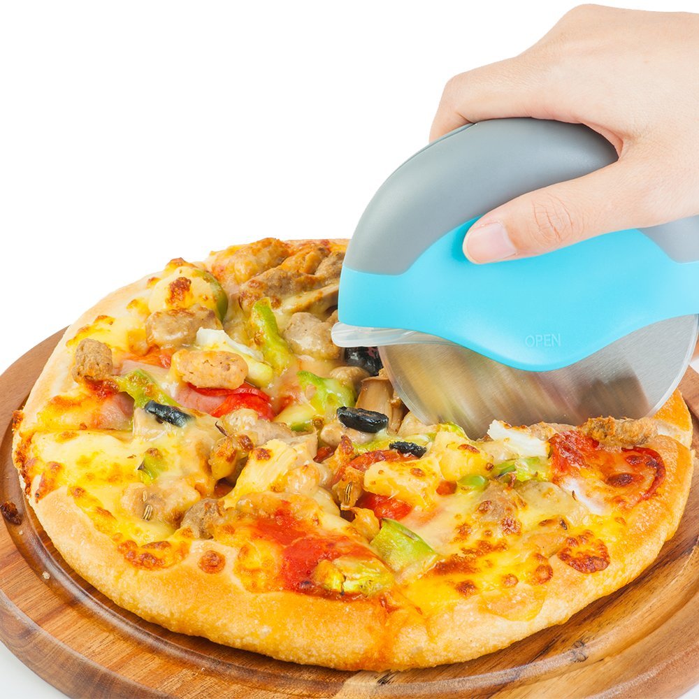 Professional Pizza Cutter Wheel Stainless Steel with Integrated Blade Guard, Super Sharp and Easy To Clean Slicer. Best Gift For Girl, Mom, Friend (blue)