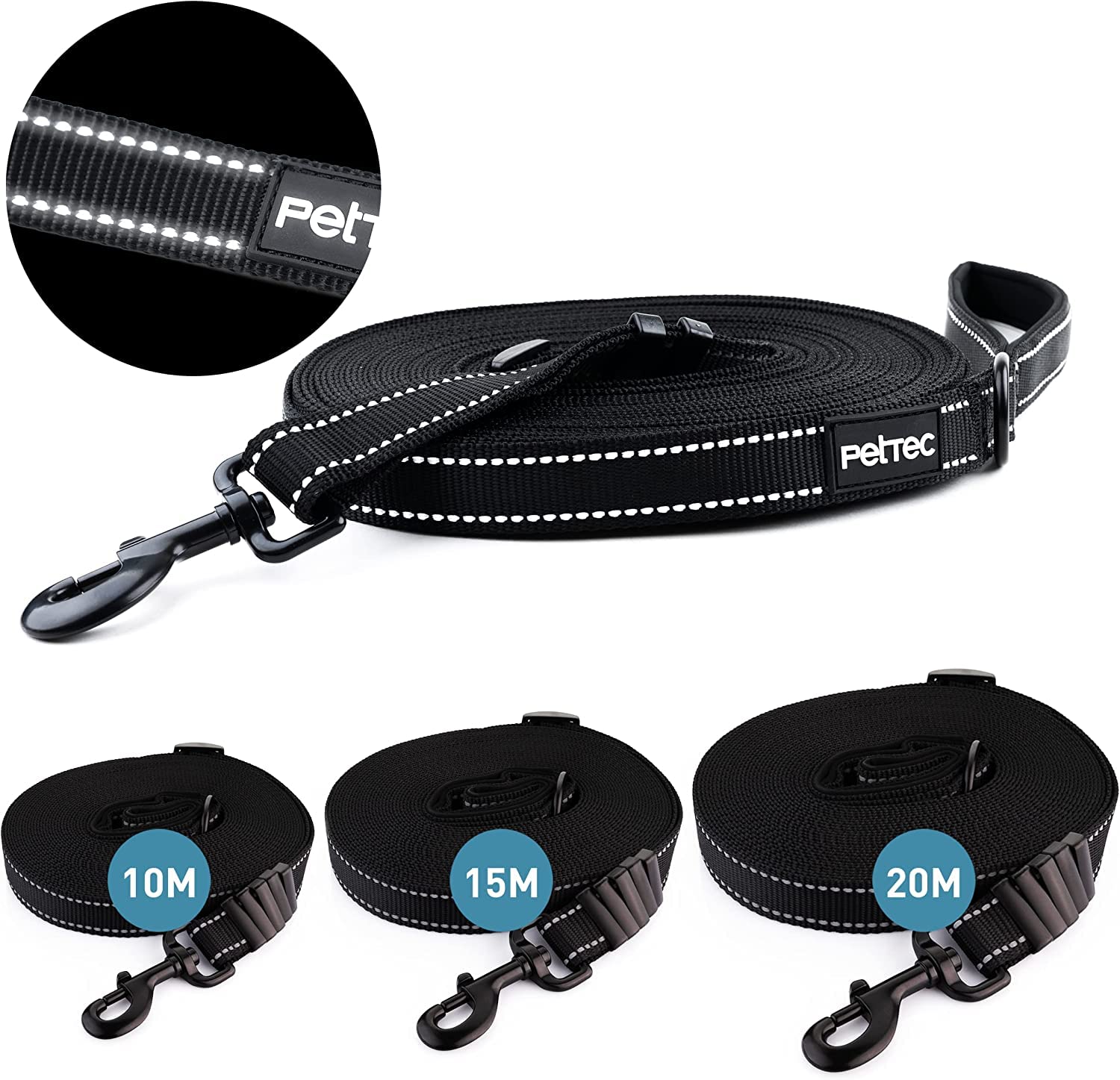 PetTec Training Lead for Dogs - Extra Strong D860 Nylon Dog Leash with Reflective Seams for Visibility - Waterproof, Weather-Proof Dog Training Lead for Walk, Trekking, Hiking, Outdoor Activity - 10m