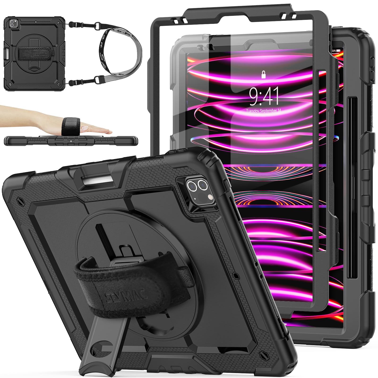 Photo 1 of SEYMAC stock Case for iPad Pro 12.9'' 2022/2021/2020/2018 with Screen Protector 360 Rotating Stand Hand Strap, Drop-Proof Case for iPad Pro 12.9''(6th/5th/4th/3rd Generation), Black