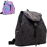 CAFINY Geometric Women's Backpack Geometries Glow Large Purse Backpack Geometrical Luminous Bag Holographic Travel Bags Retro Daypack for Casual, College, Work
