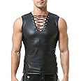QiaTi Men's Faux Leather Undershirt Wetlook Tank Top Shirt Chest Lace Up Sleeveless Vest Sport Muscle