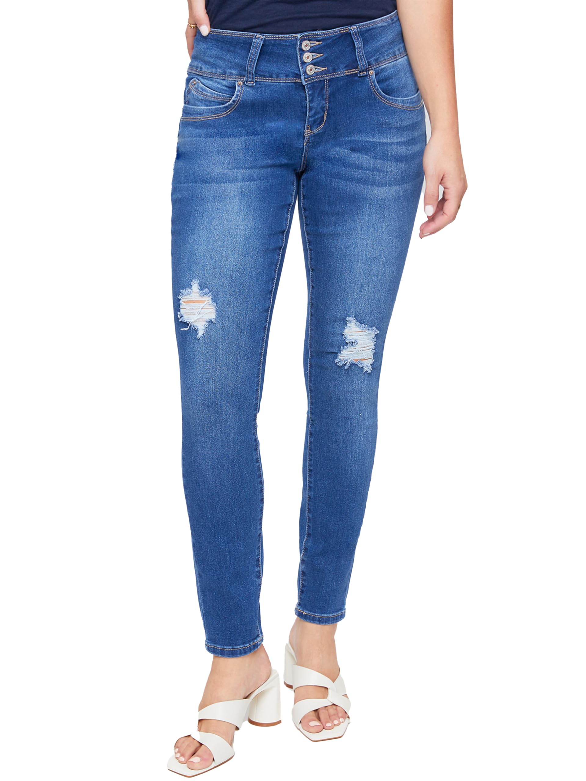 Photo 1 of ROYALTY FOR ME Women's Sustainable Wannabettabutt Skinny Jeans, Medium Blue Rips, 16