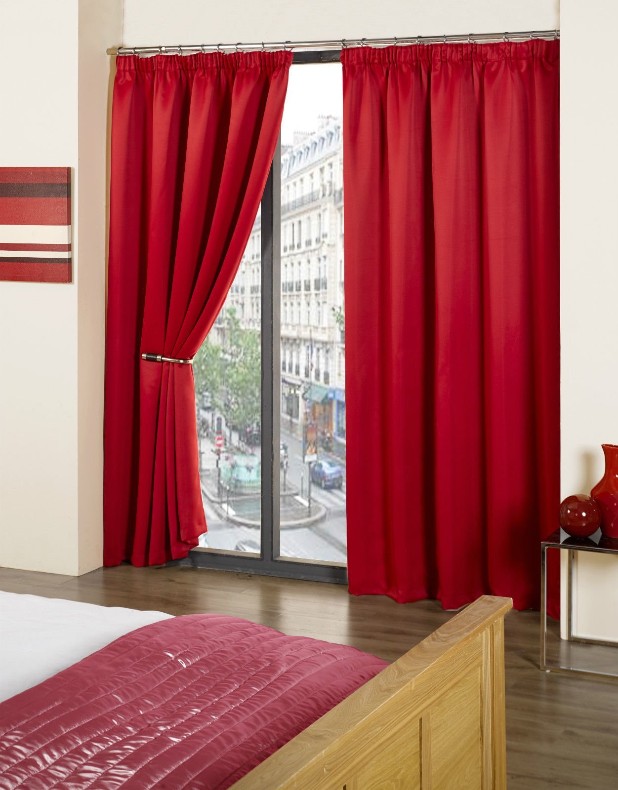 RAYYAN LINEN Thermal Pencil Pleat Blackout Tape Top Pair of Curtains With Free Tiebacks (90" X 90", Red)