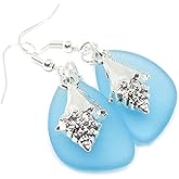 Sea Glass and Seashell Earrings, Handmade Jewelry, Bohemian Earrings (blue), Summer Jewelry for Women