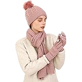 Double Couple 3pcs Winter Women scarf and hat and Touch Screen Gloves Set for Women Knit Hat with Faux Fur Ball Scarves Glove