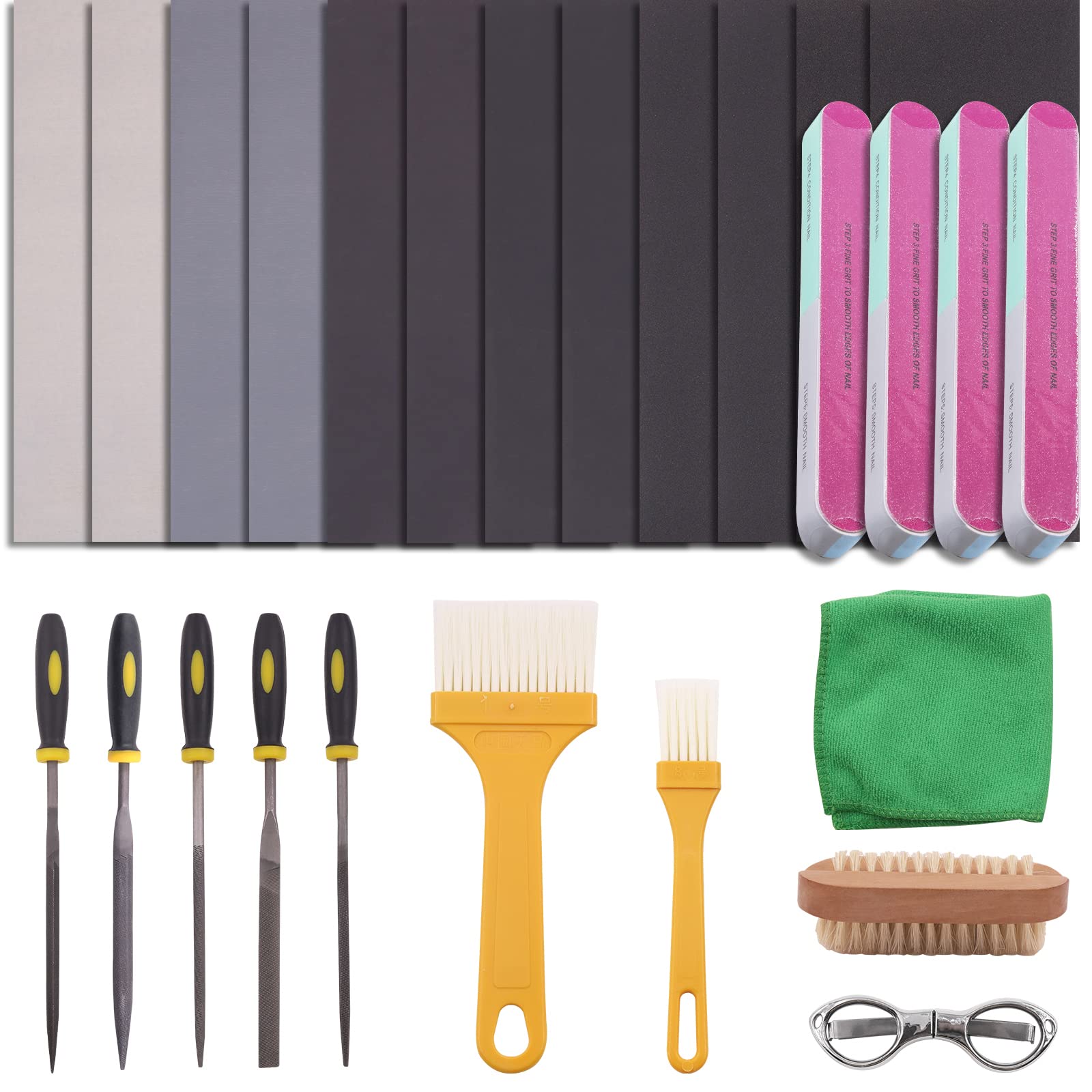 Wokape 22Pcs Resin Sanding and Polishing Kit - 240# - 5000# Sand Papers, Resin File, Polishing Blocks, Scissors, Wooden Cleaning Brush