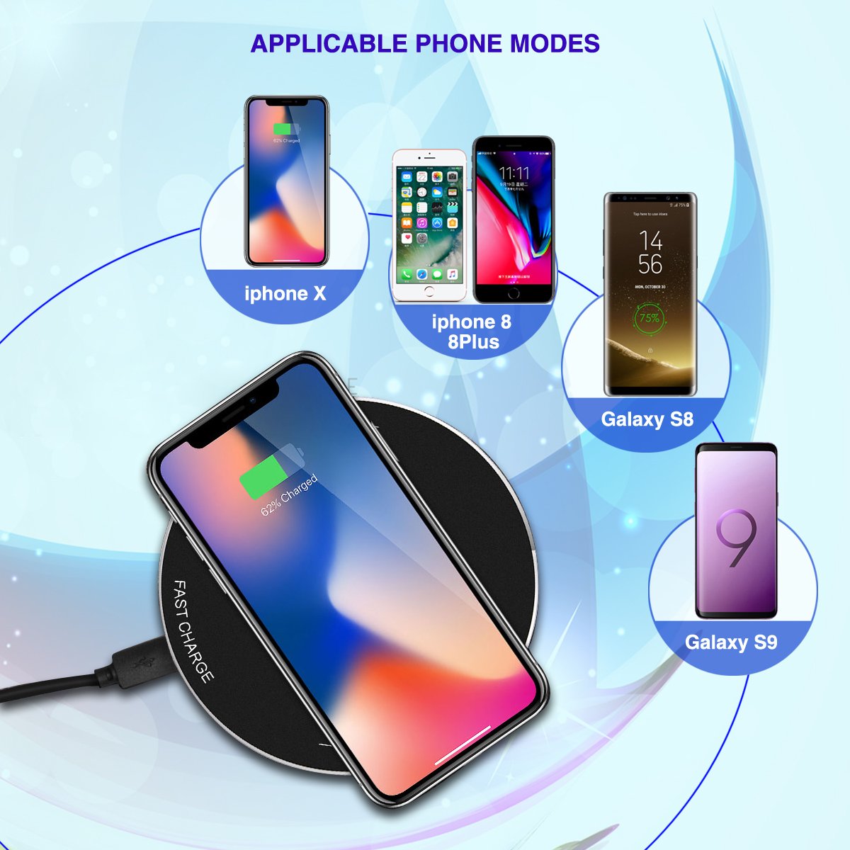 (10W Fast) Wireless Charger, Posiveek Qi-Certified Fast Wireless Charging Pad for iPhone 8/8 Plus, iPhone X, Samsung Galaxy S9/S9+/ S8/S8+ S7/S7 and All QI-Enabled Devices