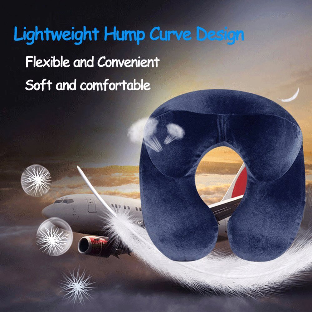 Travel Pillow, LIANSING Airplane Inflatable Travle Neck Pillow Push-Button Soft Velvet with Earbuds Goggles 3 in 1 and Straps for Office Airplane Travel Car Lunch Break