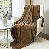 CREVENT Boho Chenille Throw Blanket for Couch Sofa Chair Bed Home Decoration, Super Soft Warm Cozy Knit Blanket for All Season (50''X60'' Coffee/Prairie Sand)