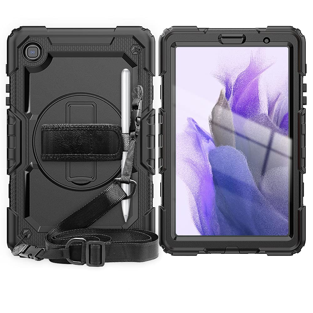 iCatchy for Samsung Galaxy Tab A7 Lite Case, (SM-T227, SM-T225, SM-T220) Heavy Duty Hybrid Shockproof Carrying Shoulder Strap Cover compatible for Samsung Tab A7 Lite 8.7 inch Case (Black)