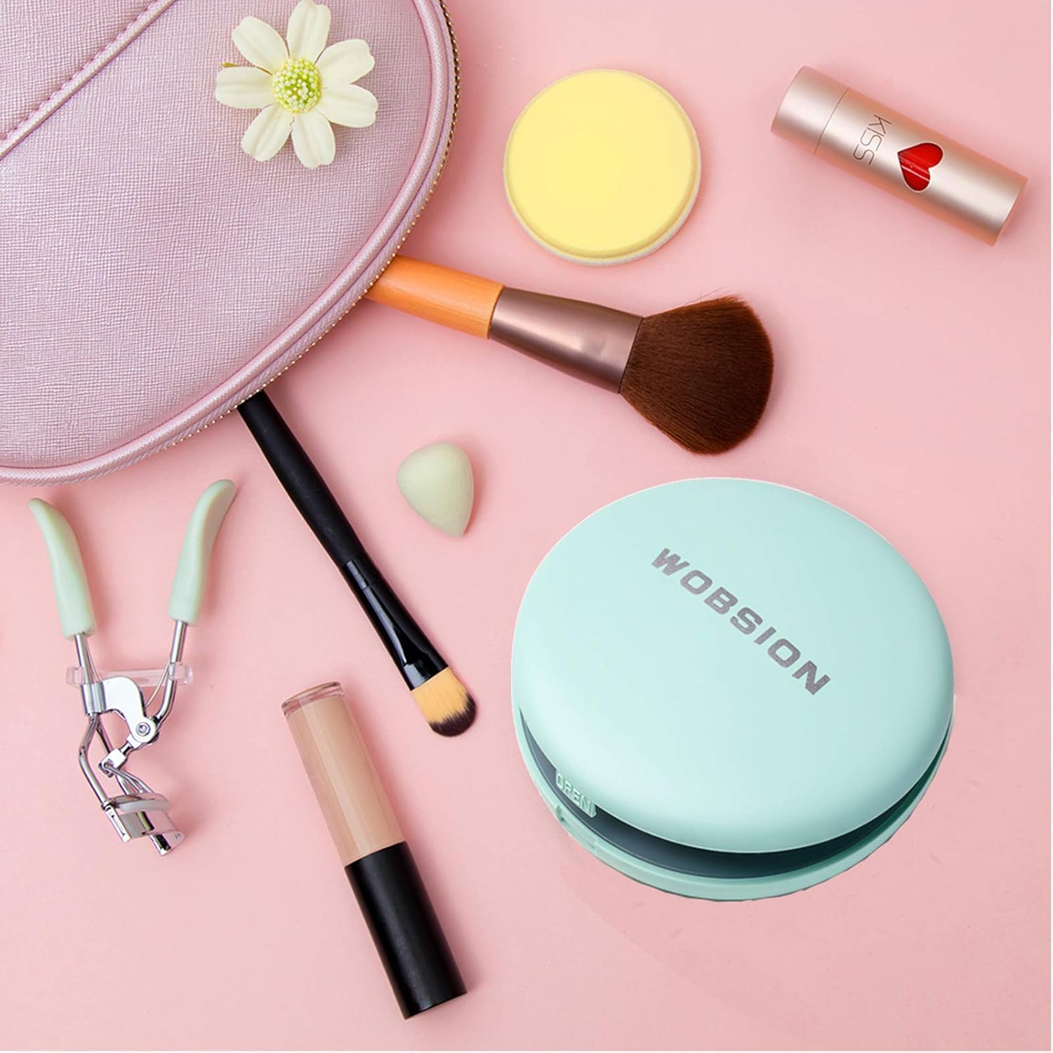 wobsion LED Lighted Travel Makeup Mirror, 1x/10x Magnification Compact Mirror, Portable for Handbag, Purse, Pocket, 3.5 inch Illuminated Folding Mirror, Handheld 2-Sided Mirror, Round, Cyan : Beauty