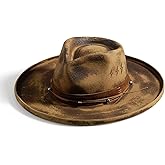 RUEDIGER Vintage Pencil Brim Fedora Hats 100% Wool Felt Hat Panama Rancher Hat with Lightning Logo Handmade Distressed/Burned